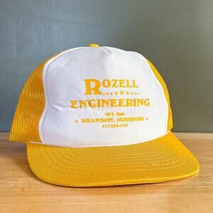 Vintage Rozell Engineering Branson MO Yellow White Mesh Trucker Snapback Hat